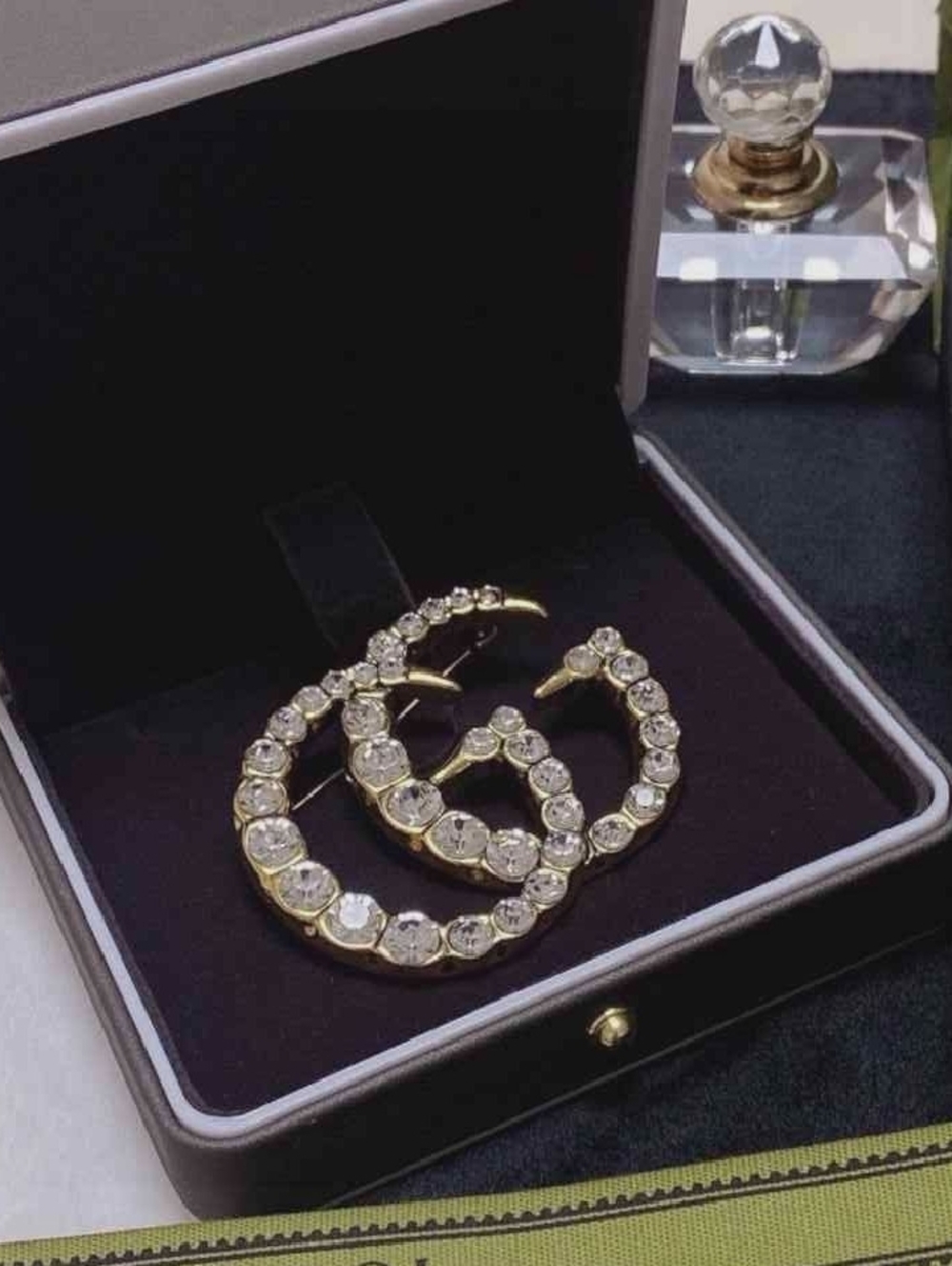 Gucci Gold-Tone Crystal Double G Pin Brooch - Picture 7 of 7